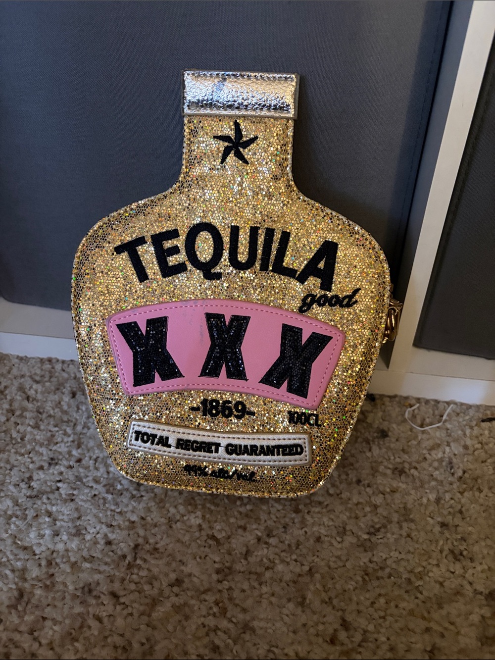 Glitter Gold 'Tequila XXX' Bottle Crossbody with Pink Accent